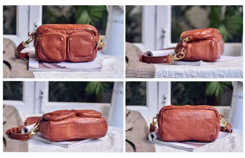 Vintage Natural Genuine Leather Women's Multi-Pocket Crossbody Casual Outdoor Real Cowhide Female Shoulder Bag