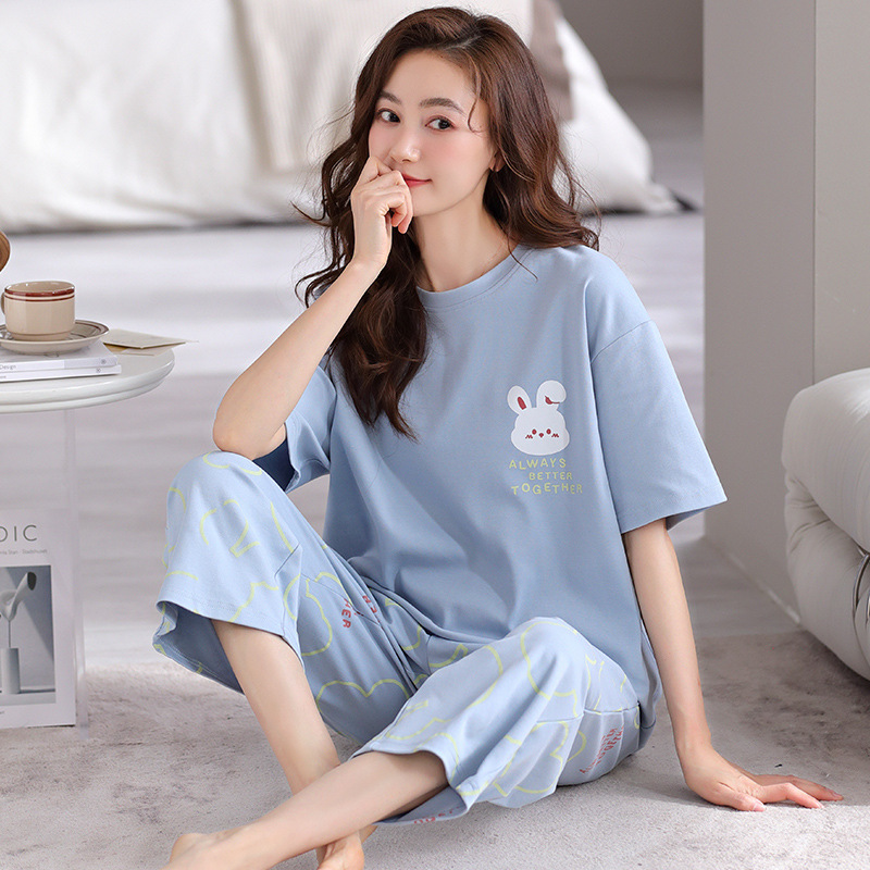 B901-Pajamas women's summer pure cotton short-sleeved shorts summer large size can be worn outside home clothes suit