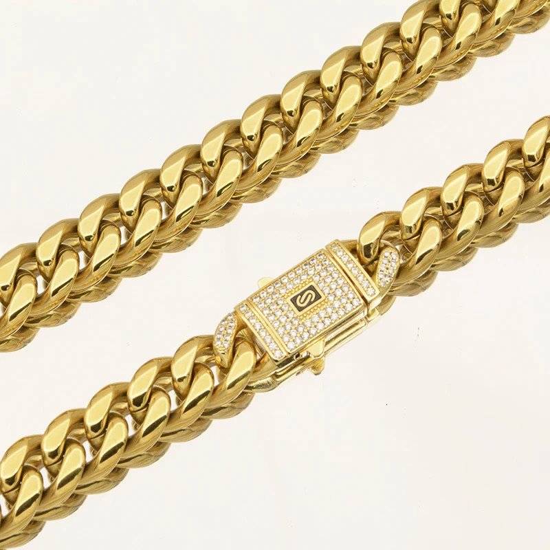 Hip Hop Bling Iced Out Gold Color Stainless Steel CZ Cuban Miami Chain Necklace Link Chain for Men Rapper Jewelry 250526