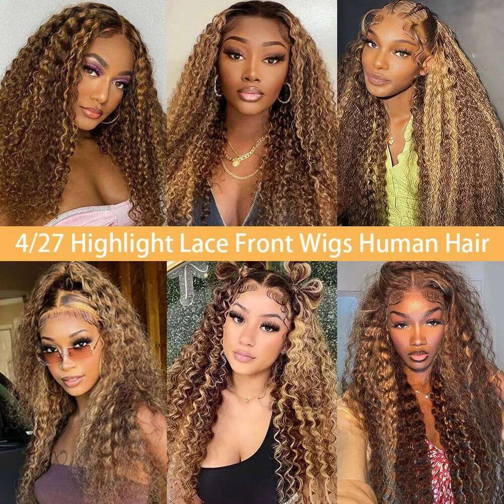 250% 4/27 Highlight 13x6 Deep Wave Lace Wigs 13x4 Ombre Curly Straight HD Front Wig Human Hair Pre Plucked