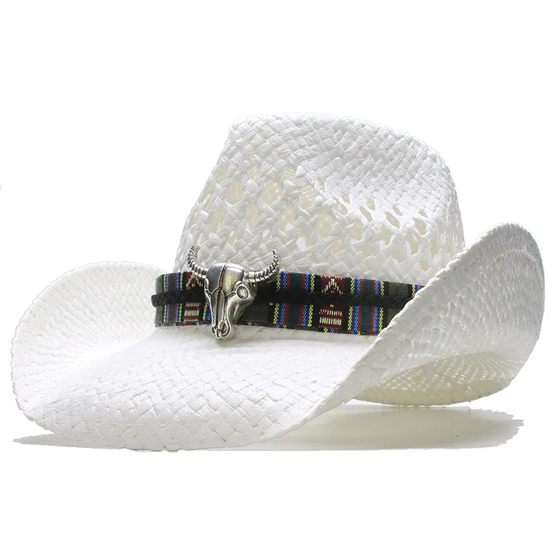 Big Ox Head Belt Hollowed Out Women Men Unisexs Retro Raffia Straw Wide Brim Sun Beach Cowboy Cowgirl Western Hat 58cm 250526