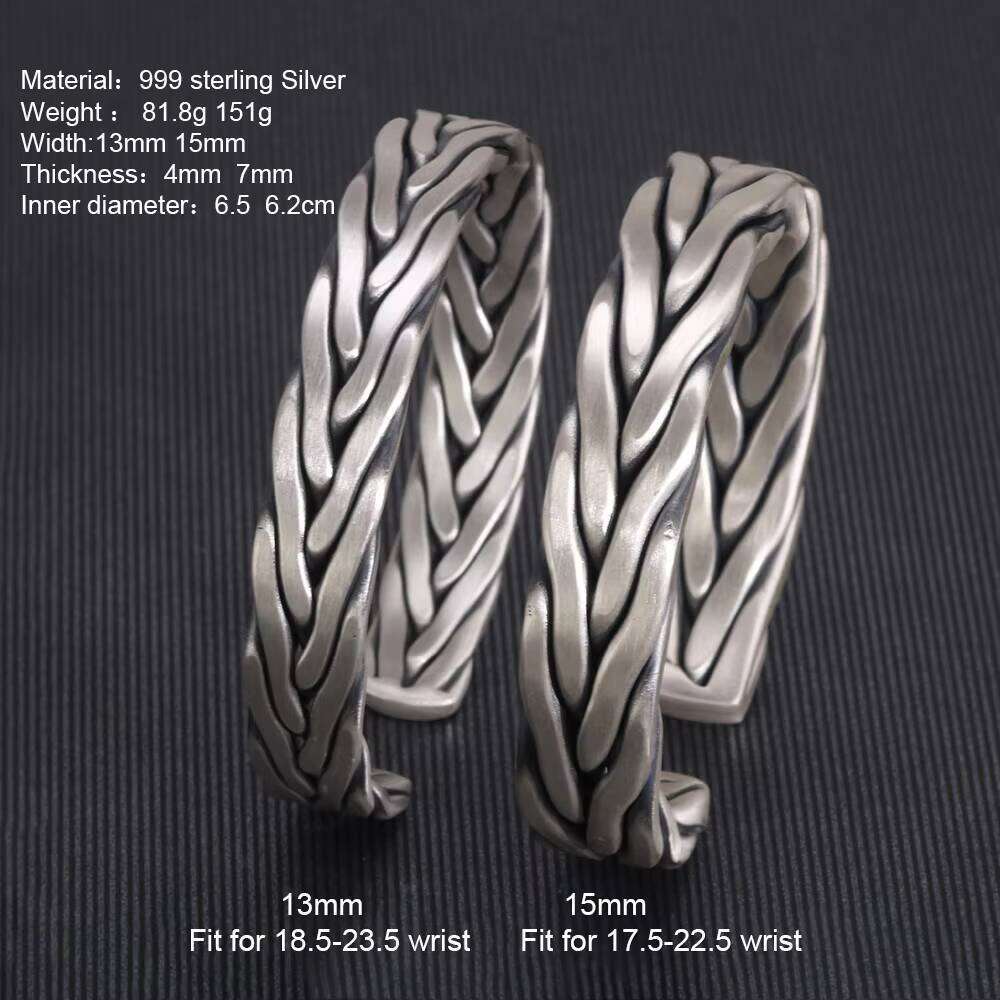 Heavy 999 Sterling Braided Twist Retro Solid Handmade Sier Opening Adjustable Bracelet Men and Women Jewelry