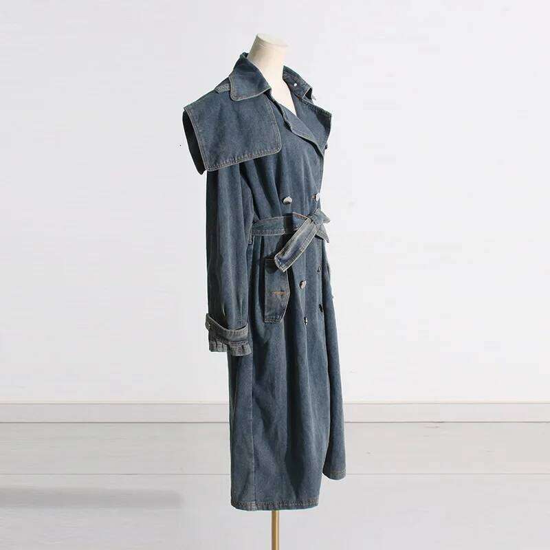 Women Denim Trench Coats Office Lady Sleeves Lace Up Pockets Loose Long Jackets 2025 Spring Jacket Y2k Streetwear