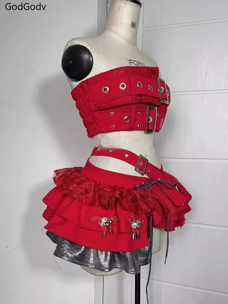 Punk Style Vintage Woman 2 Piece Sets Y2k Strapless Crop Tops High Waist Ruffle Skirt Female Party Korea Style Outfits 250523