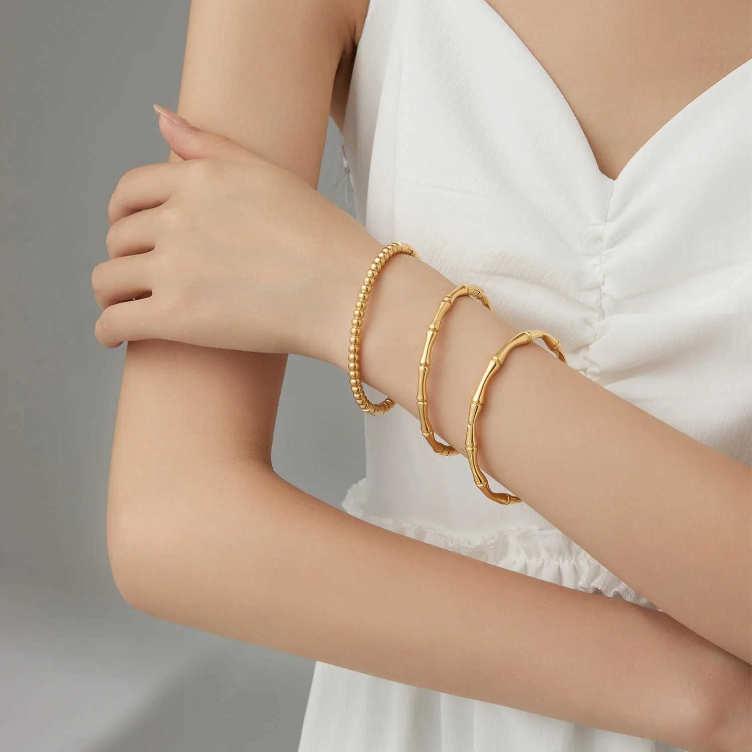 CARLIDANA Simple Stainless Steel Gold Color Bamboo Joint Bangles Trend Bracelet For Women Men Romantic Party Gift Fashion Jewelry W250526