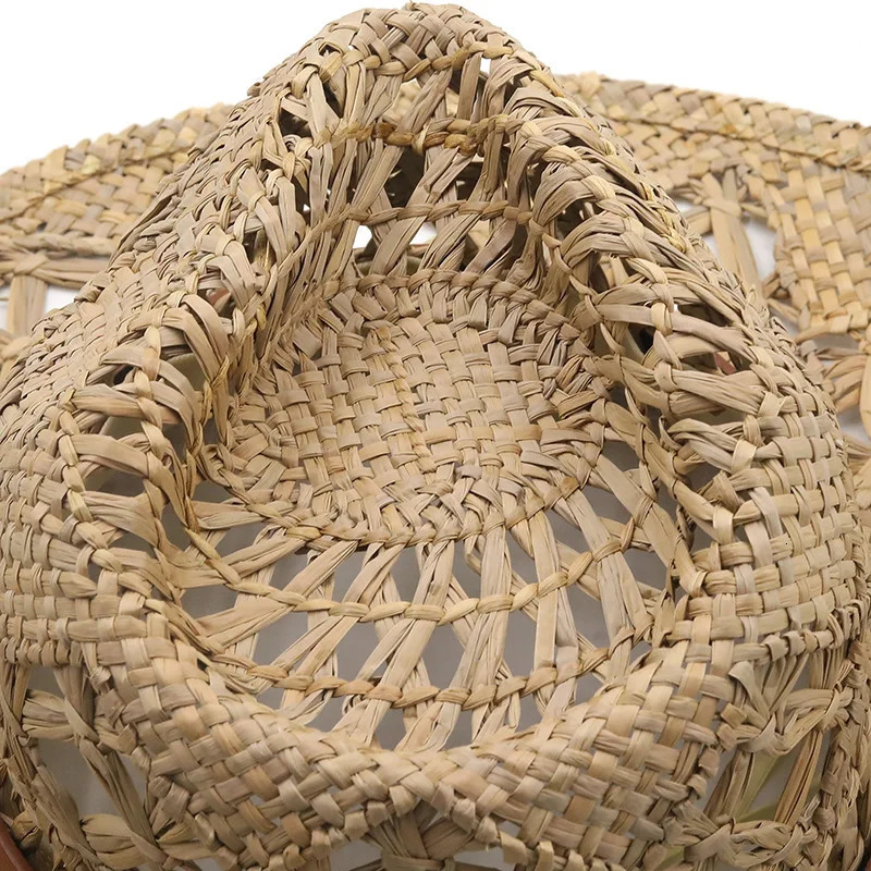 Spring Summer Hand-Knitted Rolled Brim Malangrass Straw Hat Women Men Hollow Ethnic Style Cowboy Hat Outdoor Sun Protection Hat 250526
