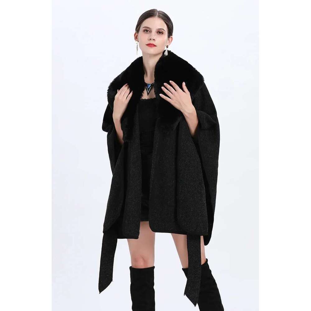 5 Colors Women Outstreet Poncho Wear Winter Thick Cardigan Big Rabbit Fur Turn-down Neck Long Cloak Front Tie Belt Loose Coat
