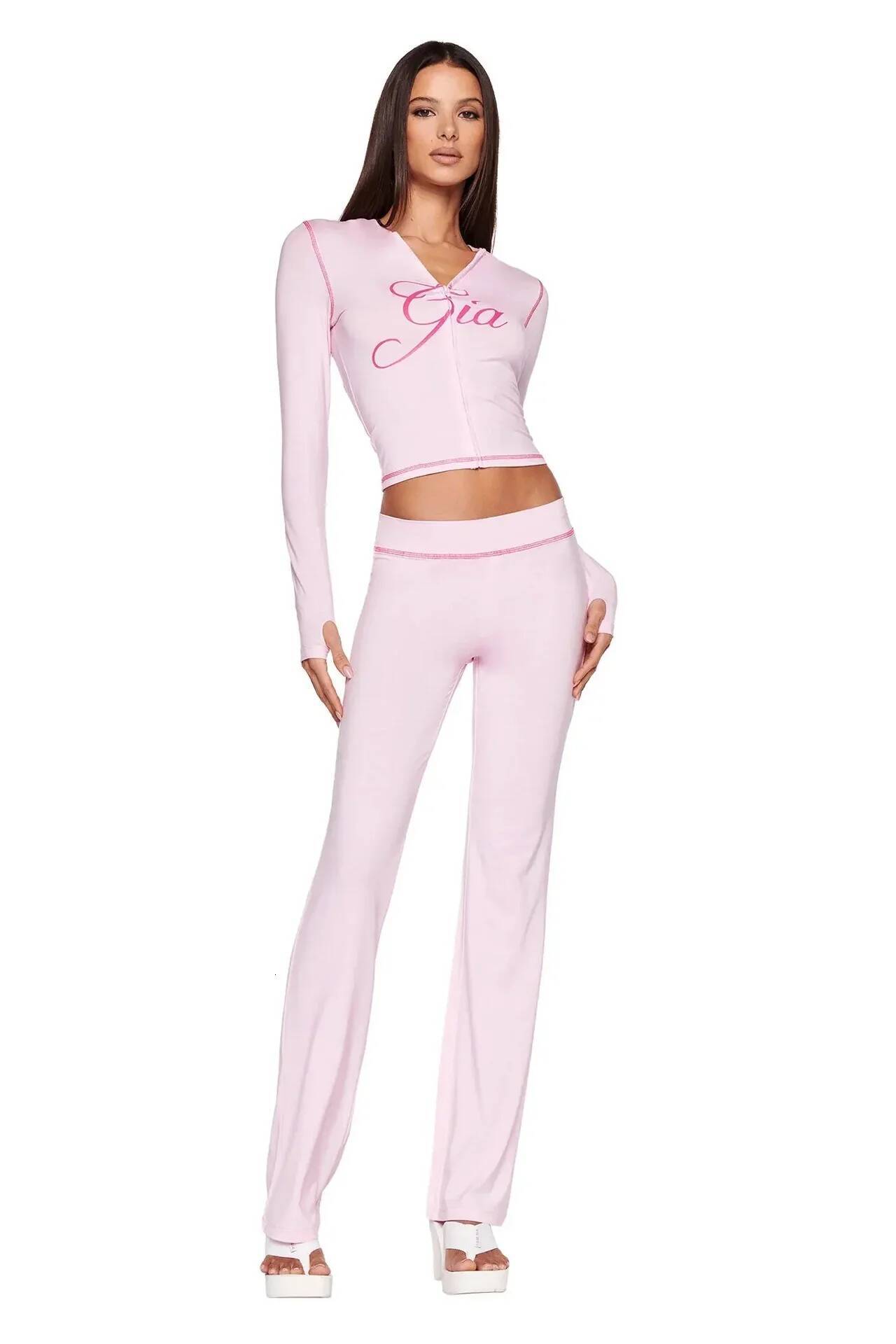 Iamgia Pink Cotton Zipper Hooded Long Sleeved High Stretch Top Low Waist Micro Flared Pants For Women 2024