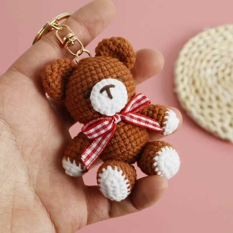 Cute Brown Bear Doll Crochet Keychain Creative Knitting Bow Knot Small Bear Keychain For Bag Pendant Knitted Doll Accessories W250526