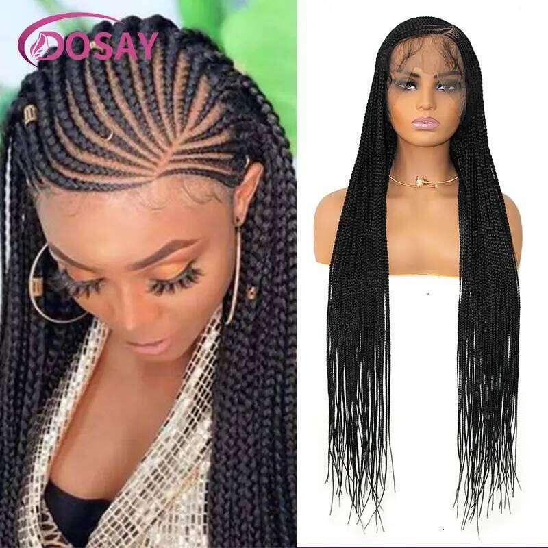 Synthetic Full Front Cornrow Double For Black Women Box Side Part Braided Lace Wig Faux Locs Braids Wigs