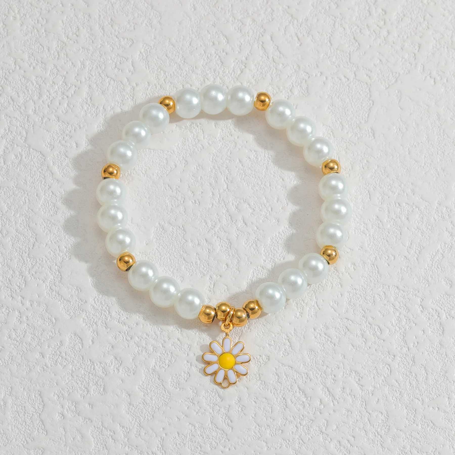 Trendy Fashion Daisy Bracelet Imitation Pearl Gold-Plated Beads For Women Baby Stainless Steel Handmade Bangle Jewelry Gifts W250526