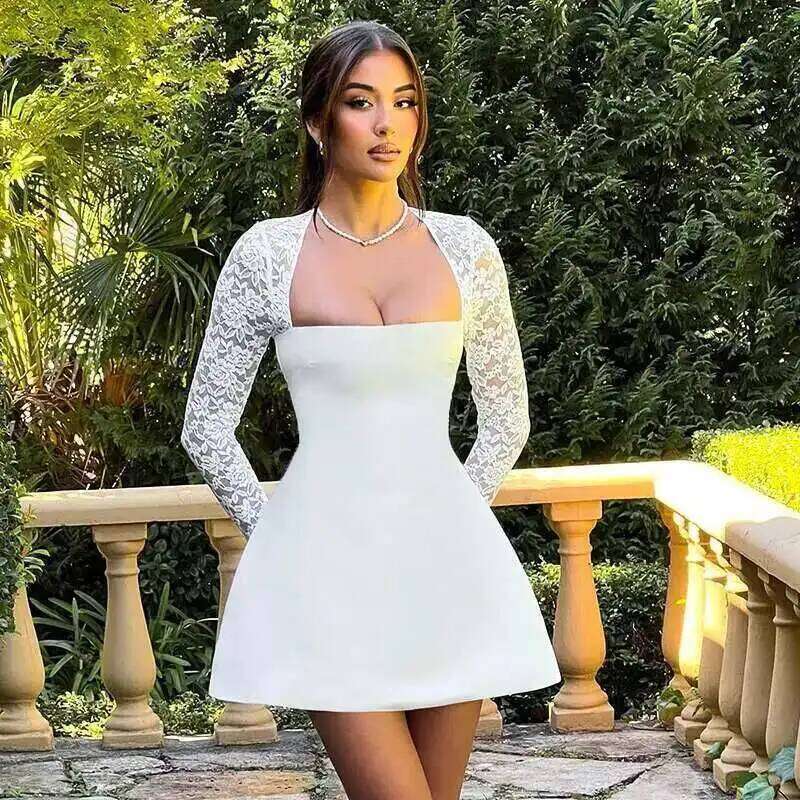 Townlike Lace Patchwork Waist Wrap A-line Women Mini 2025 Autumn Winter Dress Backless Nightclub Sexy Party Dresses