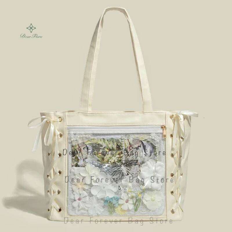 Y2k Japanese Style Ita Women Large Capacity Tote Fashion Girls Transparent Shoulder Bag Cute PU Ribbon Bow Handbag Purse