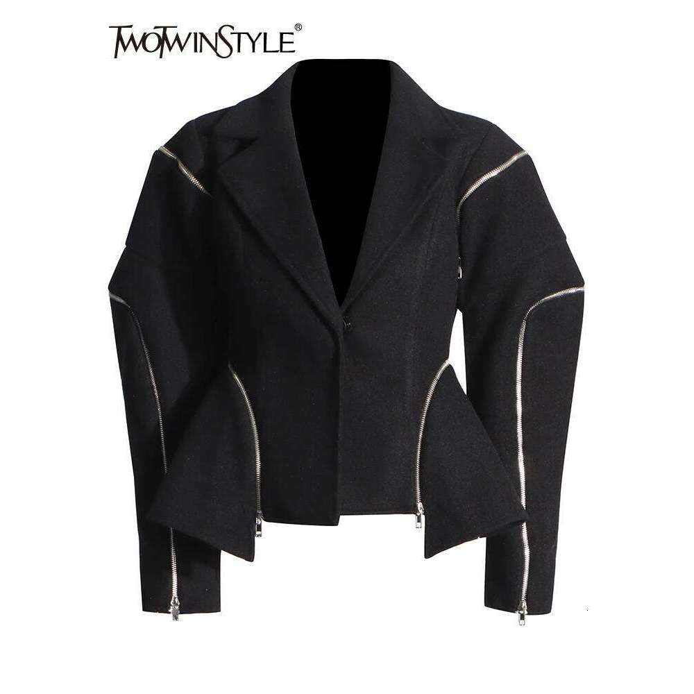 TWOTWINSTYLE Solid Patchwork Zipper Casual Jackets For Women V Neck Long Sleeve Spliced Button Temperament Coat Female Fashion