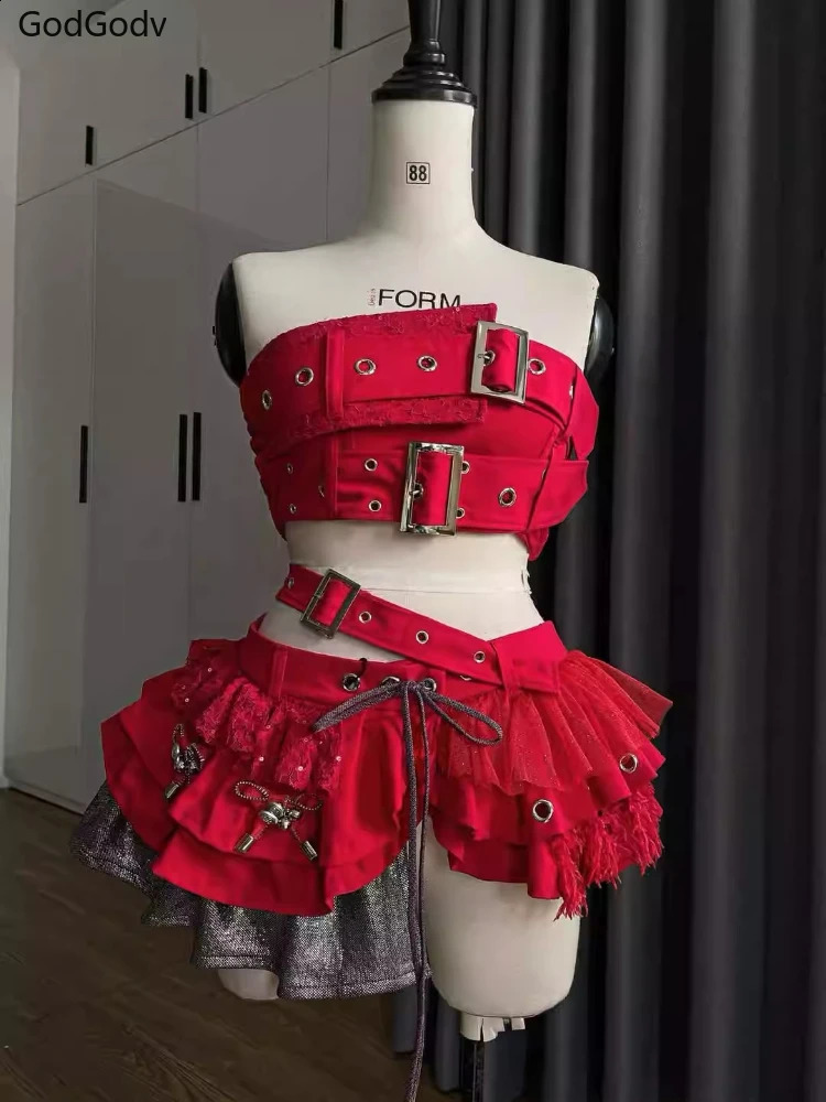 Punk Style Vintage Woman 2 Piece Sets Y2k Strapless Crop Tops High Waist Ruffle Skirt Female Party Korea Style Outfits 250523