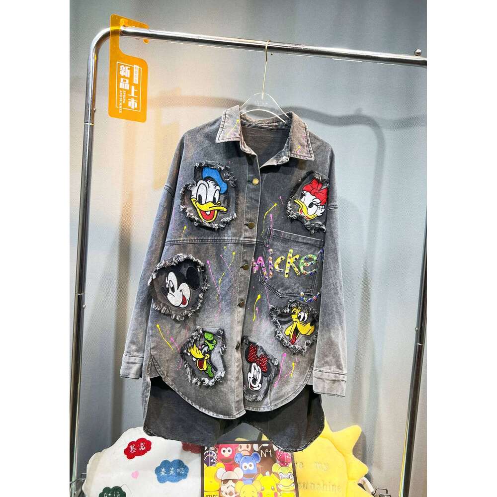 2024 Autumn New Retro Fashion Loose Versatile Gradient Colored Washed Denim Jacket Cartoon Sticker Bead Embroidered Shirt Women