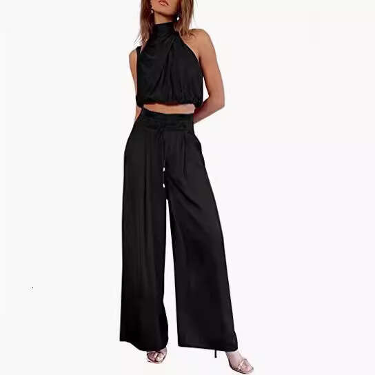 2025 New Women's Two-Piece Set Summer Casual Sleeveless Turtleneck Crop Top Wide-Leg Pants