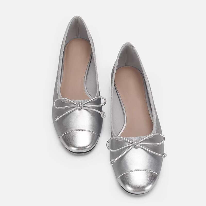 Sheepskin Version ~ Silver Ballet for Women, Flat Genuine Leather Round Toe Shallow Mouth Single Shoes with Bowknot Slip-On Loafers