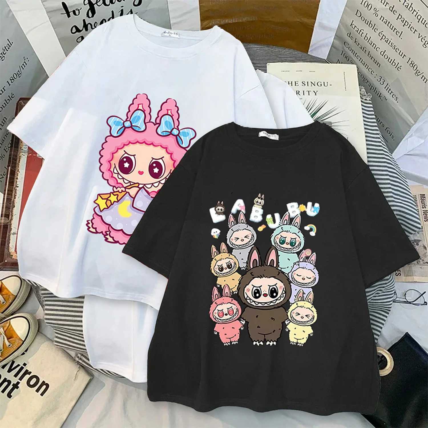 Labubu T-shirts for Women Men Anime Fashion Short Sleeve Tops Tee Summer Cotton Hip Hop Black White T-shirt High Quality Clothes T250527