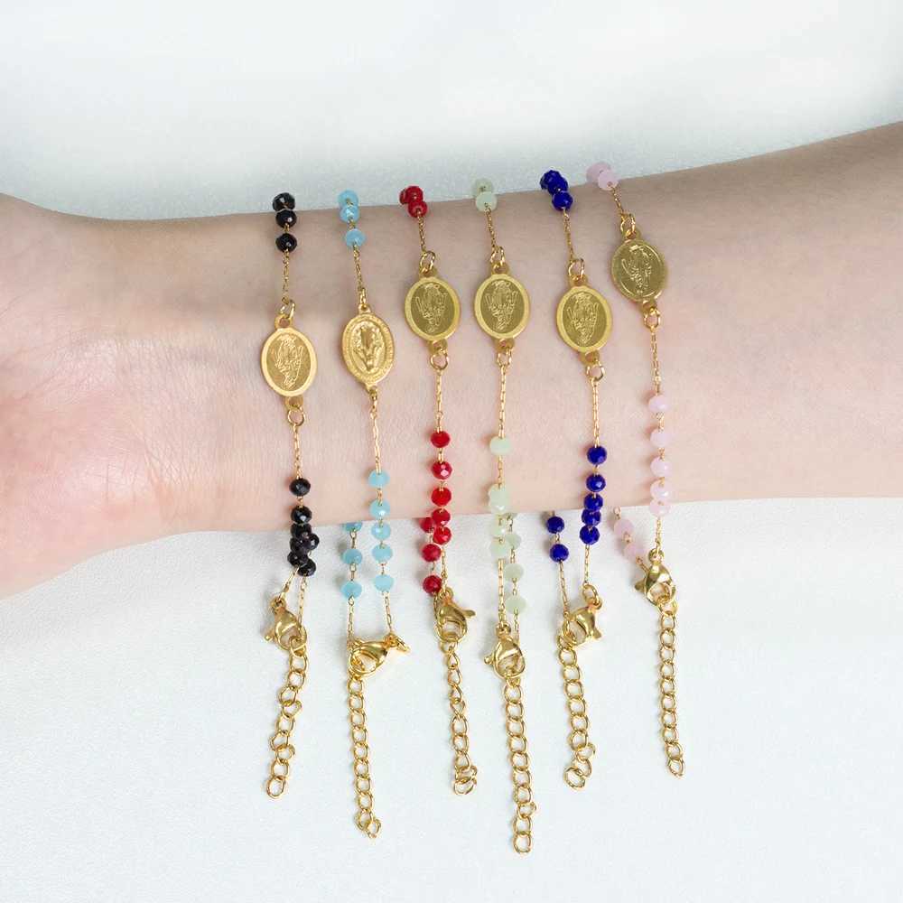 LUXUKISSKIDS Rosary Jesus Beads Bracelets Multicolor Stainless Steel Cross Christian Link Chain Enamel Prayer Hand Jewelry Gifts W250526