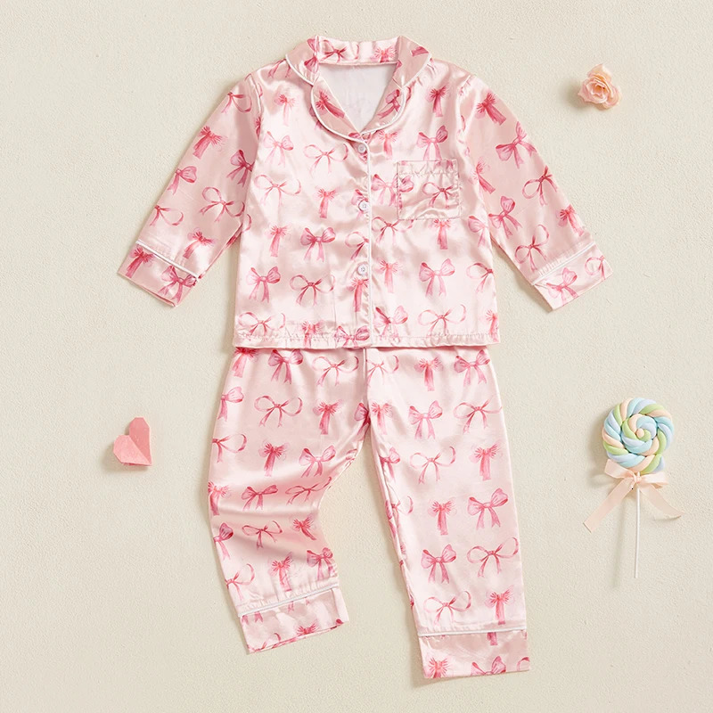 Adorable Baby Girl Silk Pajama Set with Cute Bow Print Stylish Long Sleeve Lapel Button Down Shirt and Matching Pants for Cozy 250527