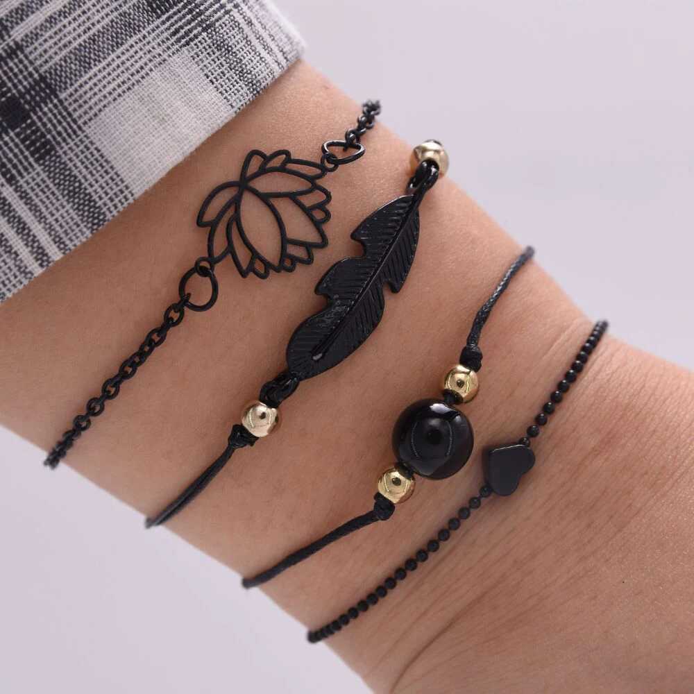 SUMENG 2024 New Fashion 4PCs Gothic Black Feather Lotus Bracelets Set Heart Charm Boho Bangles For Women Wrist Chain W250526