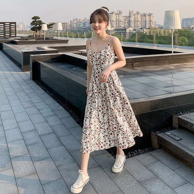 Floral camisole dress for women, cinched waist for slimming in summer, fresh and fresh new style long skirt for women