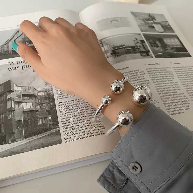 925 Sterling Silver Bangle Bracelet 2 Balls Geometric Polished Punk Stackable For Woman Girl Jewelry Gift Dropship Wholesale W250526