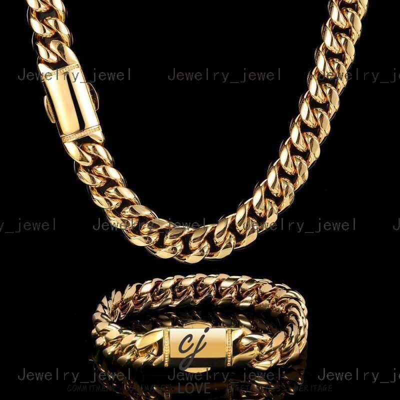 Carline Factory Price 12mm Hip Hop 18k Gold Plated Jewelry Stainless Steel Cuban Link Chain Gold Necklace Bracelet Set for Men