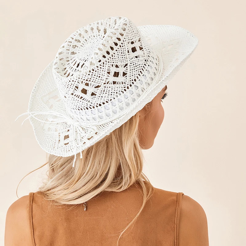 Men Women Western Cowboy Hats Summer Outdoor Hand-Woven Straw Hollowed Wide-brimmed Hat Breathable Beach Jazz Cap Sunhat 250526