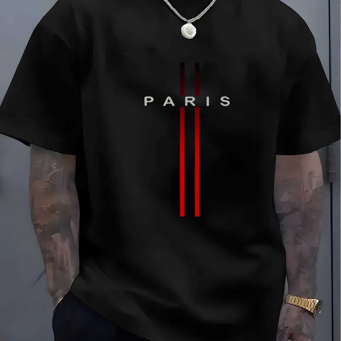 Summer Mens 100% Pure Cotton Casual Loose Fit Plus Size Paris Letter Pattern Printed Round Neck Short Sleeve T-Shirt Top Z250527