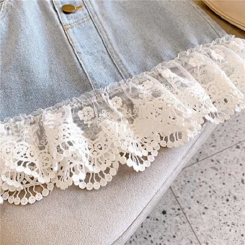312 year old girls short skirt summer loose denim half solid color sweet lace patchwork skirt 250527
