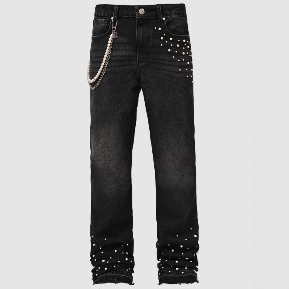 New men's street fashion ins elastic diamond studded denim straight leg pants