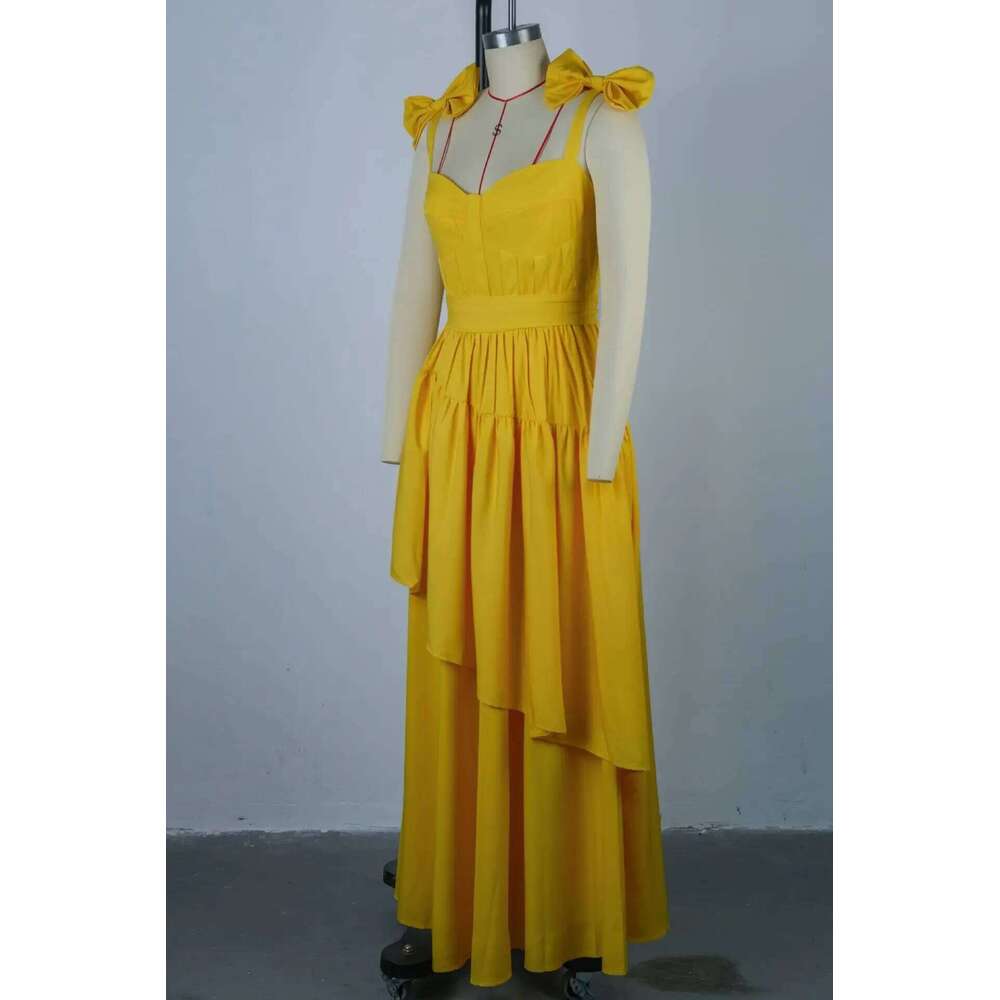 CM.YAYA Women Sleeveless Strap Bow Ruffles Long Maxi Dress 2025 Holiday Beach Birthday Evening Sexy Girl Party Dresses Vestidos