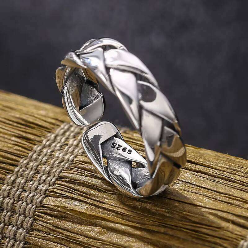Real Pure Sterling Sier Simple Men's and Women's Open Ring with Fashion Woven Adjustable Size Vintage Jewelry