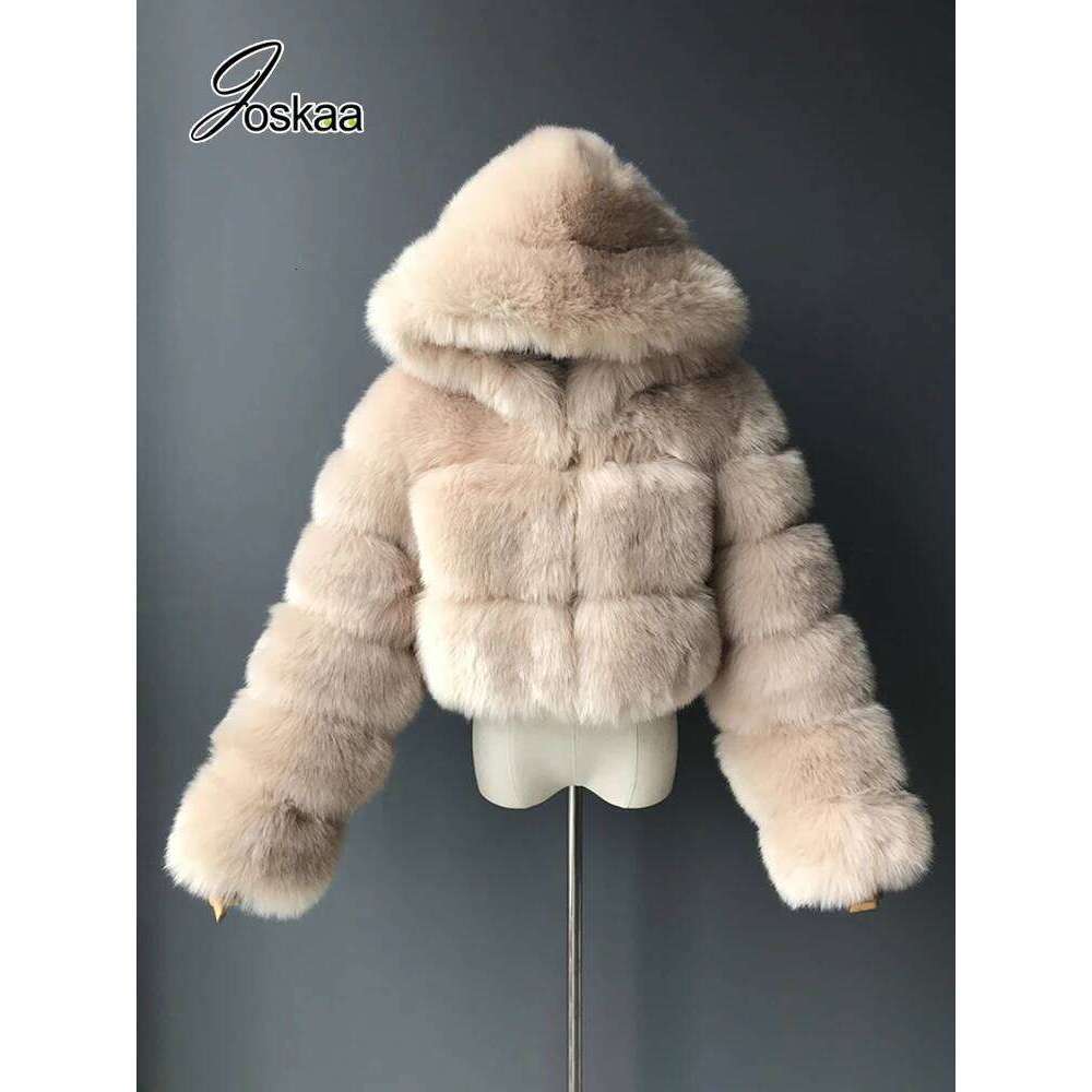 Joskaa Solid Furry Cropped Faux Fur Down Coats Women Fluffy Zipper Long Sleeve Hooded Jacket Outwear Winter Tops 2023 Streetwear