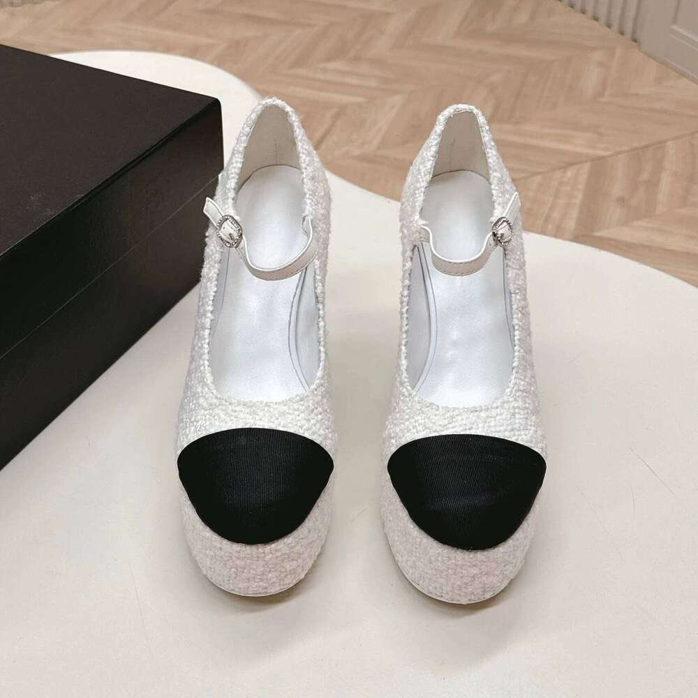 2025 Newest Spring Tweed Round-Toe Platform Super High Heel Buckle-Strap Woman Pumps Pink Color Mary Janes Banquet Bota Feminina