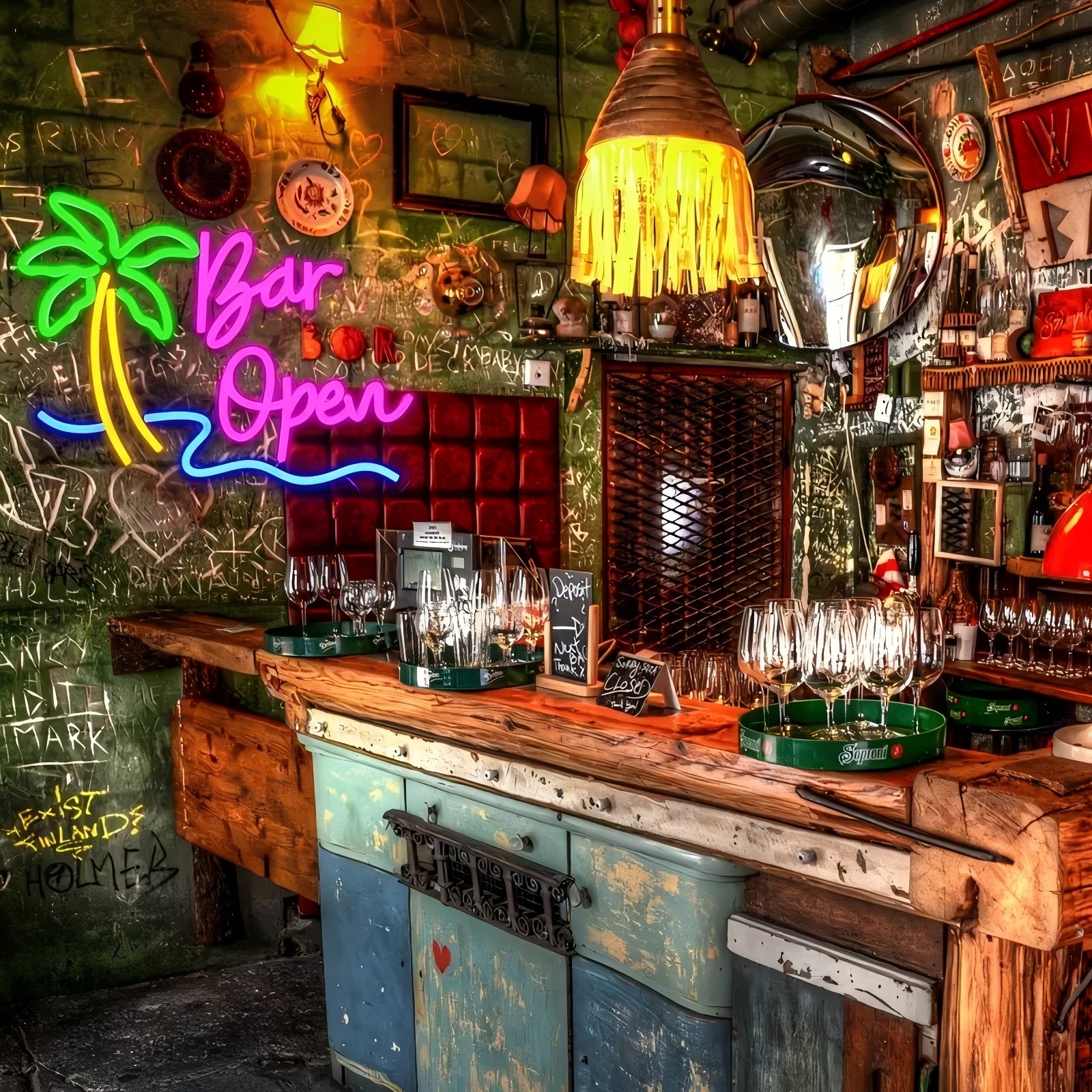 BAR open Tropic Neon Sign Palm Tree Neon Signs for Wall Decor Hawaiian LED Neon Lights Coconut Tree Tropic for Bedroom Bar Party Men Cave Game Room Se