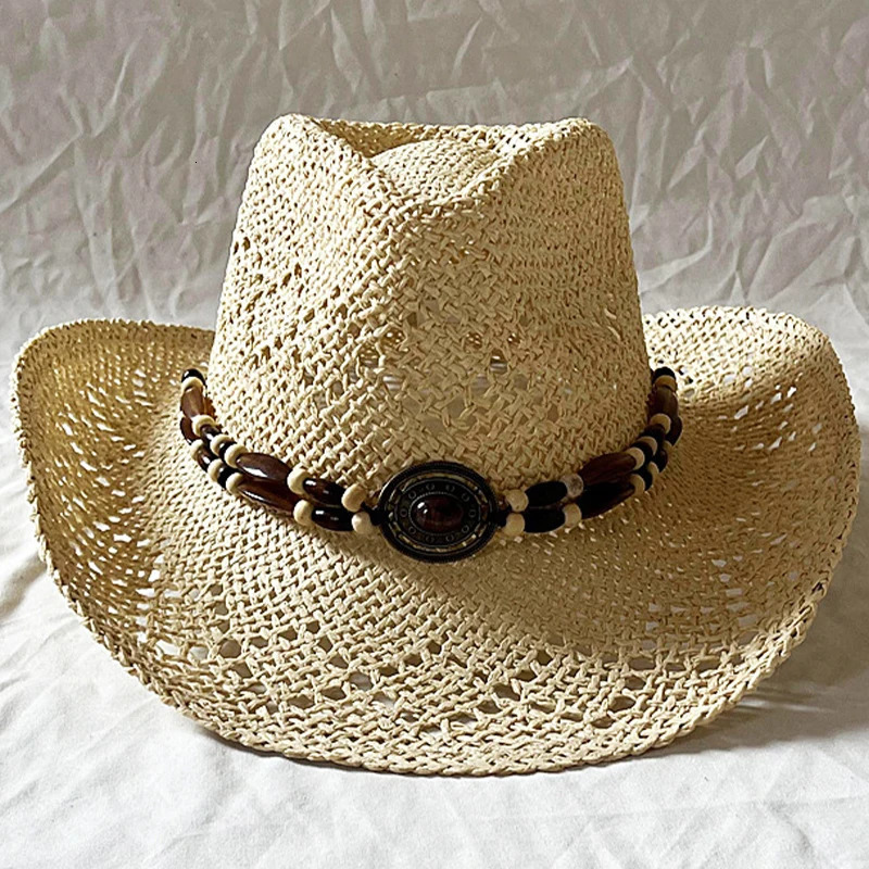 Ethnic Style Gemstone Beaded Cowboy Straw Hat Men Women Summer Sunshade Sunscreen Hat Hollow Breathable n Tibetan Straw Hat 250526