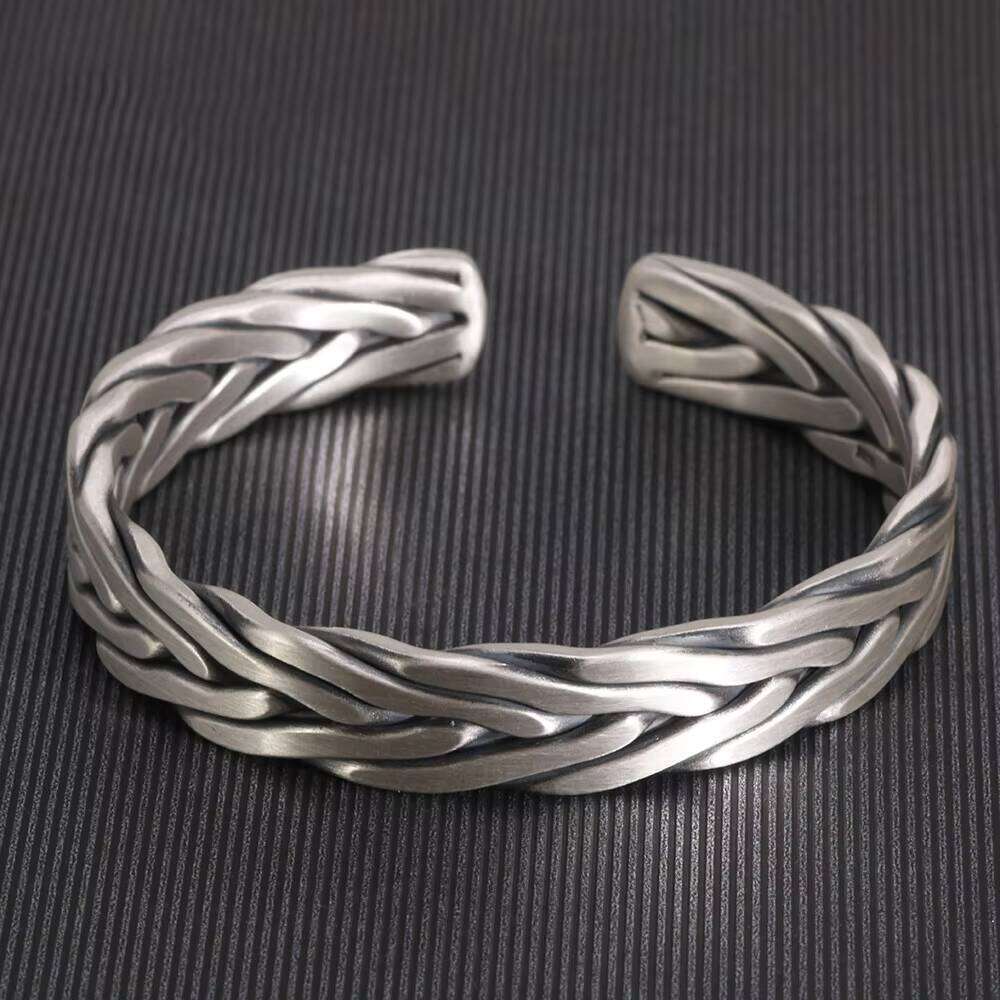 Heavy 999 Sterling Braided Twist Retro Solid Handmade Sier Opening Adjustable Bracelet Men and Women Jewelry