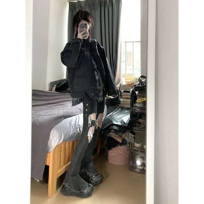 American Vintage Splicing Distressed Design Zipper Denim Men High Street Trend 2025 New Versatile Couple Winter Jackets
