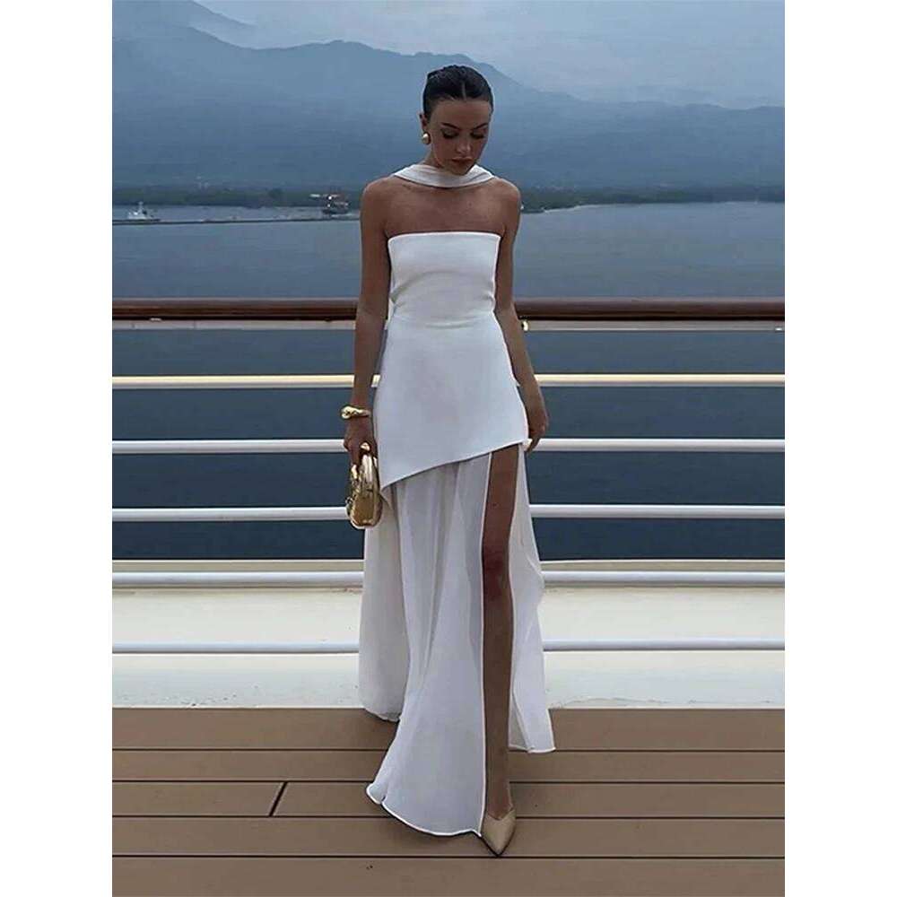 Elegant Tube Dress Women Sexy Patchwork Mesh Sleeveless Scarf Off Shoulder Long Female Party Dresses 2025 Summer Split Lady Robe