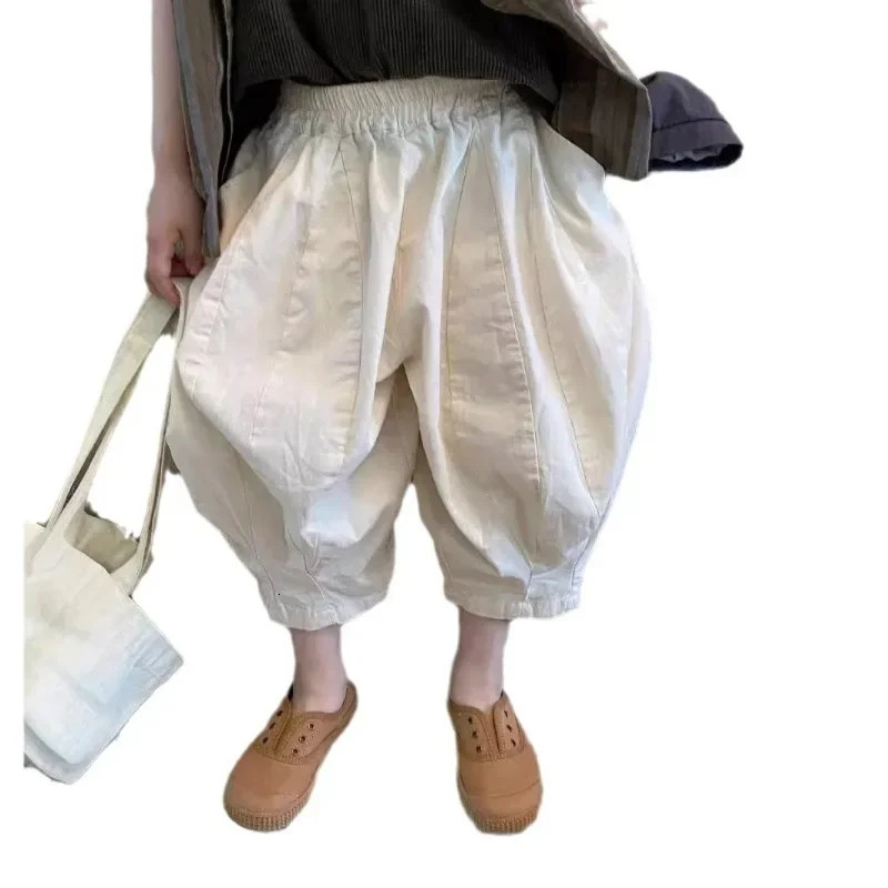 Childrens Pants Korean Summer Girls Solid Color Casual Wide Leg Cropped for Boys Versatile Harlan Pants 250527