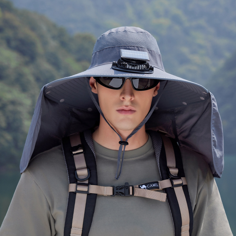 Solar Powered Fan Hat for Men, Summer Outdoor Fishing Hiking Hat with Wide Brim, Shawl Neck Protection, Sunshade Hat for Women