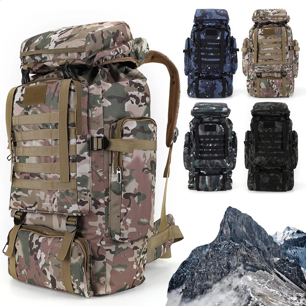 80L Tactical Bag Large Capacity Camouflage Mountaineering Backpack Waterproof Climbing Rucksack Oxford Cloth Sports Knapsack 250729