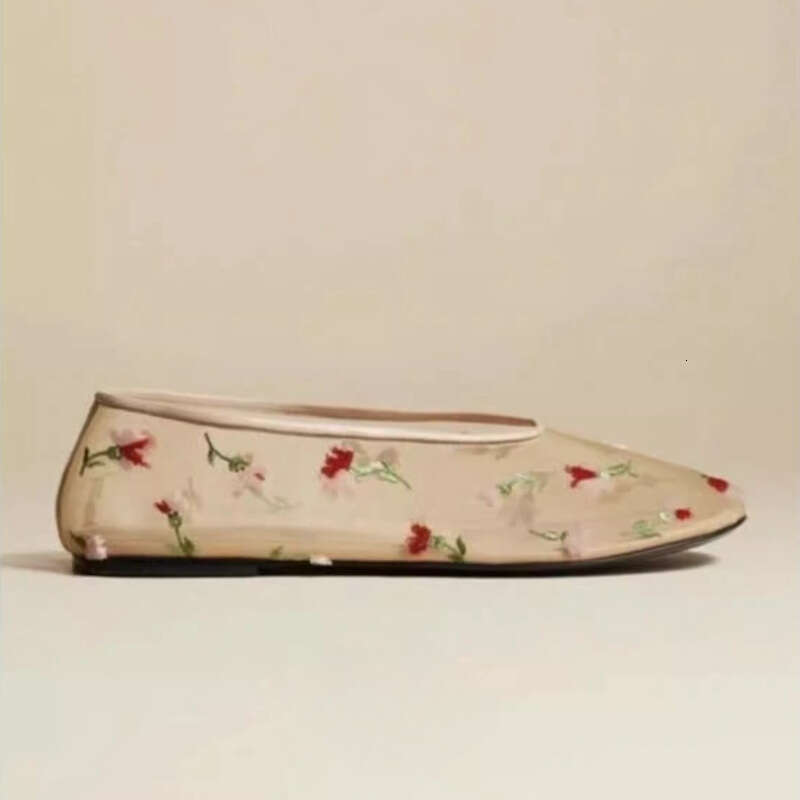 2025 Summer New Mesh Embroidered Round Toe Shallow Mouth Flat Women Ballet Rhinestone Single Shoes