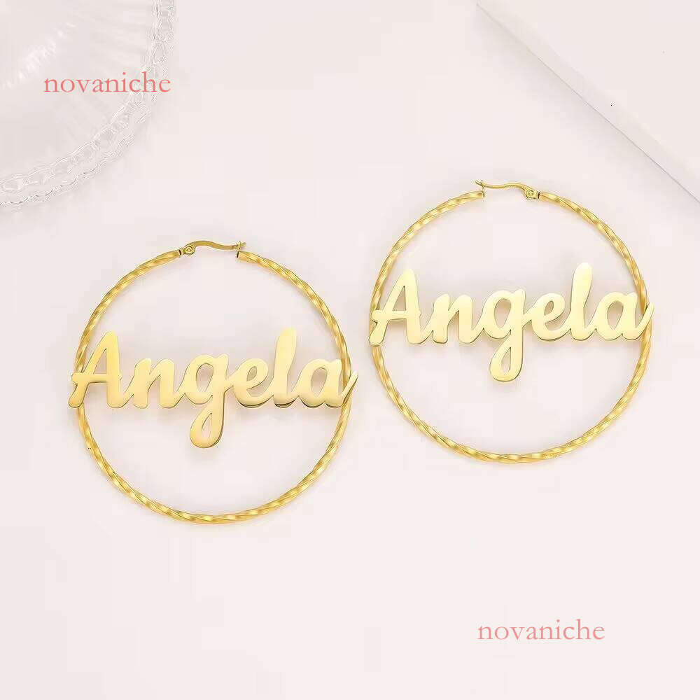 25mm Gold Plated Hoop Earring Women Personalized Custom Stainless Steel Name Fashion Earrings for Family Gift Wholesale