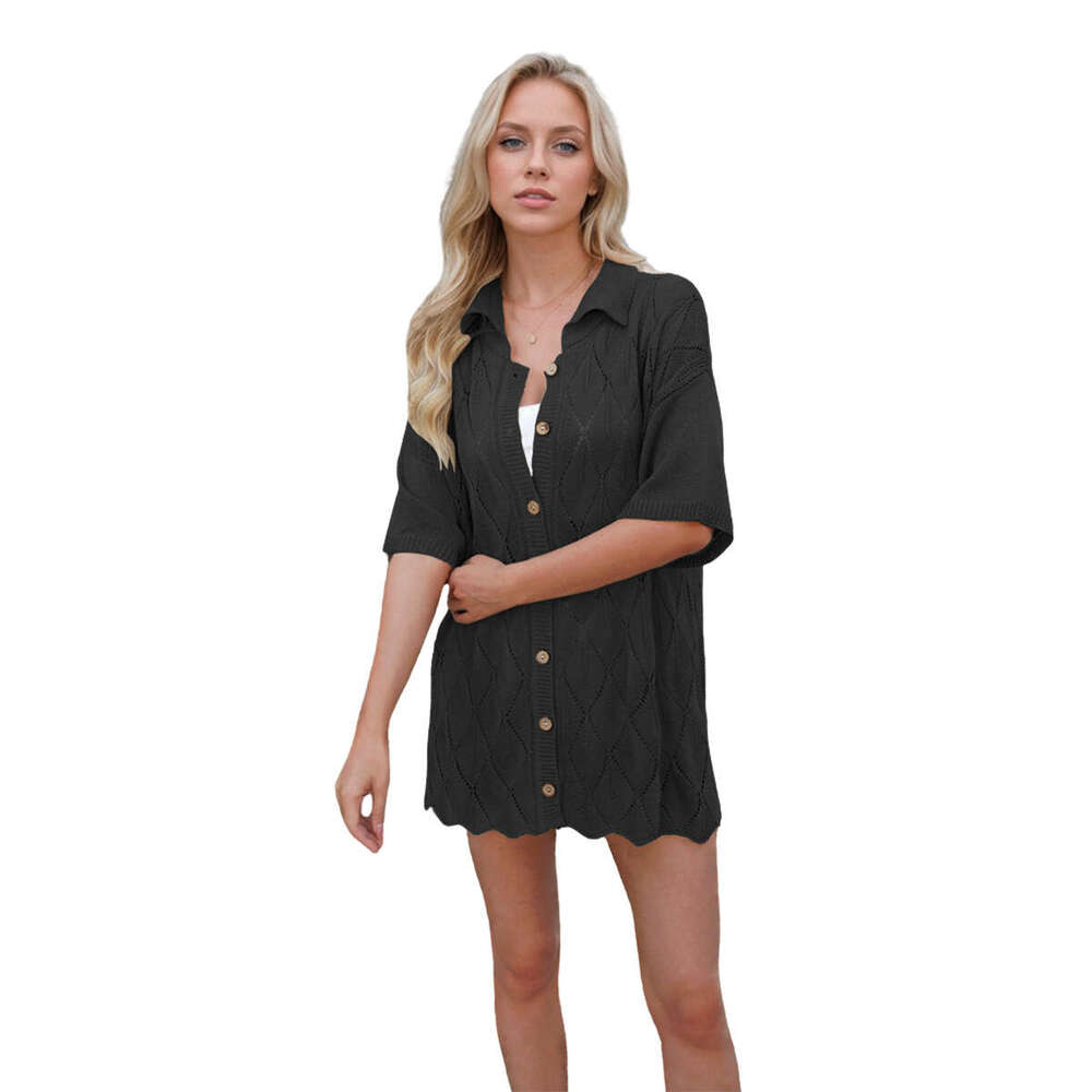 2025 Spring/Summer New Women's Fashion Turn-down Collar Loose Casual Cardigan Short Sleeve Knit Sweater