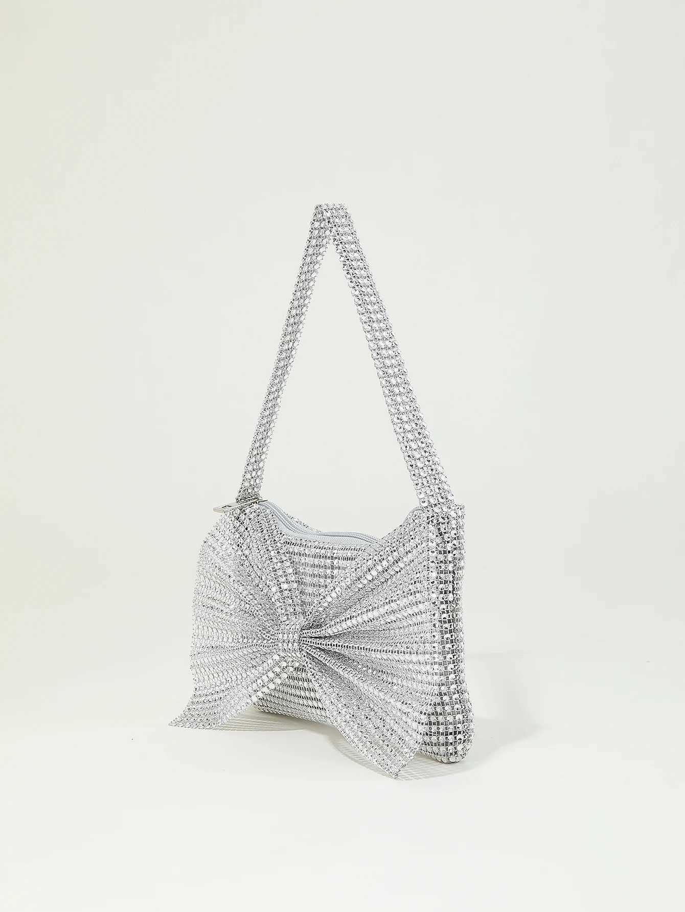 Fashion gorgeous shiny rhinestone portable zippered bow decoration evening bag suitable for weddings parties and gatherings W250527