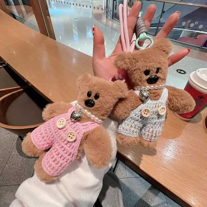 15cm Plush Small Bear Toy DIY Keychains Cute Handmade Knitted Overalls Bear Keychain Animals Pendant Kids Women Bag Accessories W250526